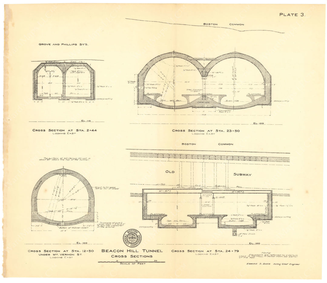 BTC Report 16 1910 Plate 03: Beacon Hill Tunnel Cross Sections, Boston, Massachusetts