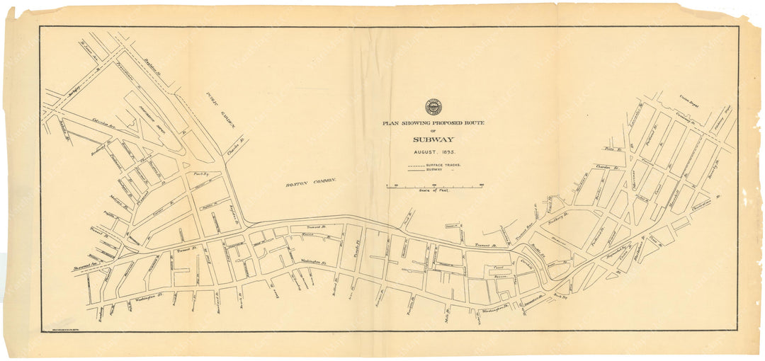 BTC Report 01 1895: Plan Showing Proposed Route of Subway, August, 1895, Boston, Massachusetts