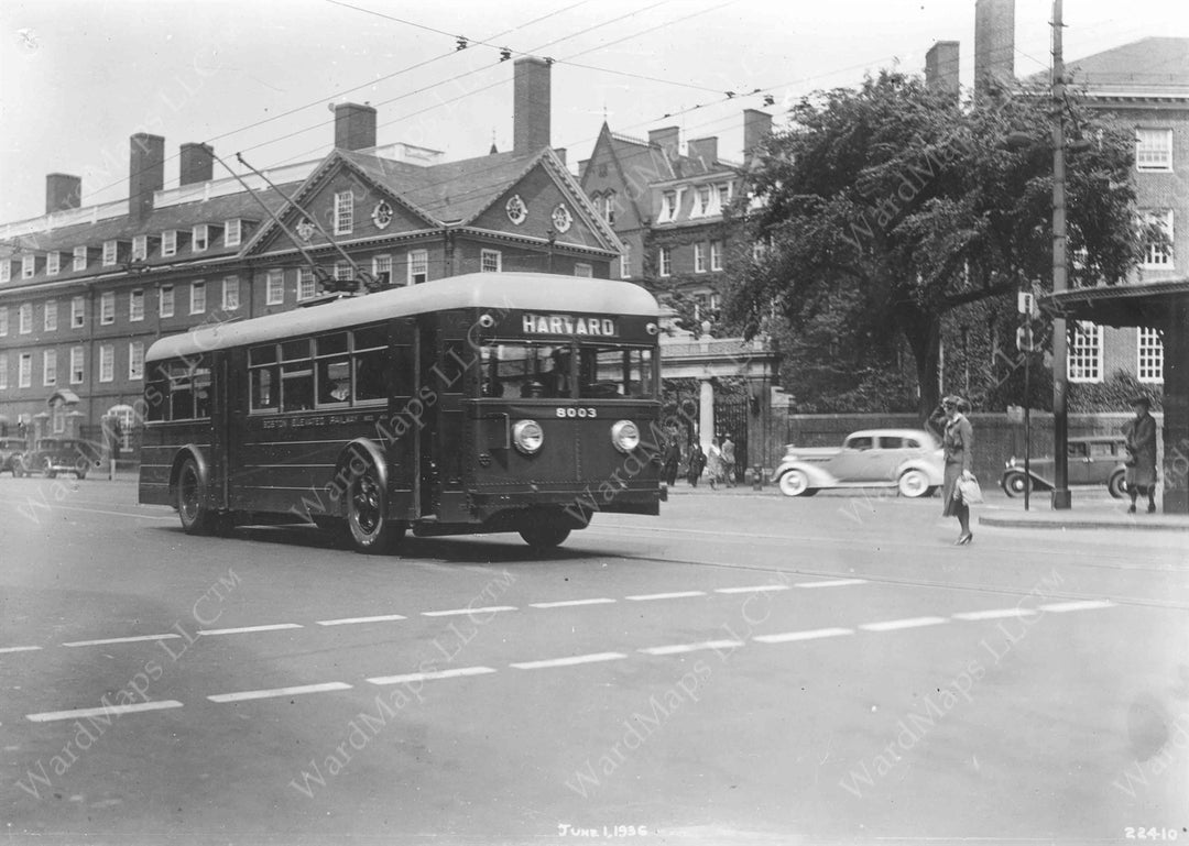 Trackless Trolley in Harvard Square, Cambridge, Massachusetts, June 1, 1936