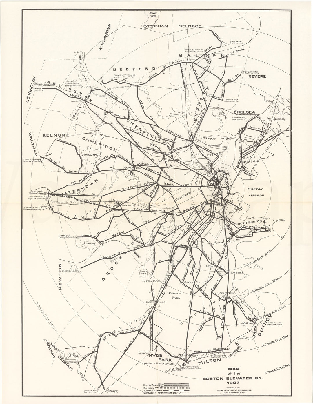 Boston Elevated Railway System Map, Massachusetts 1907