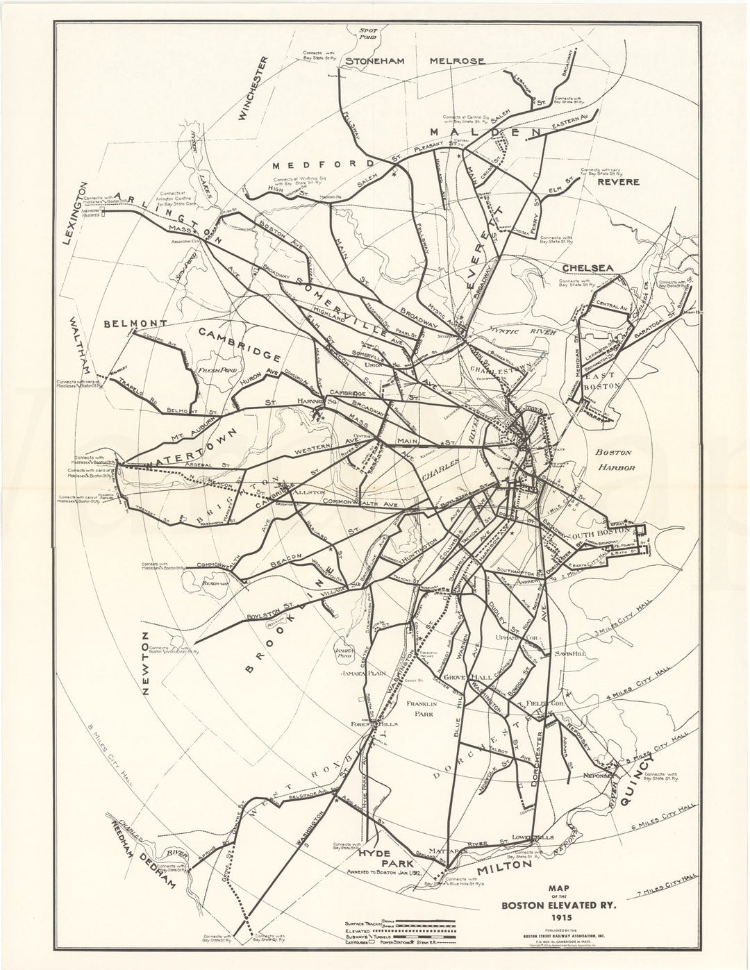 Boston Elevated Railway System Map, Massachusetts 1915