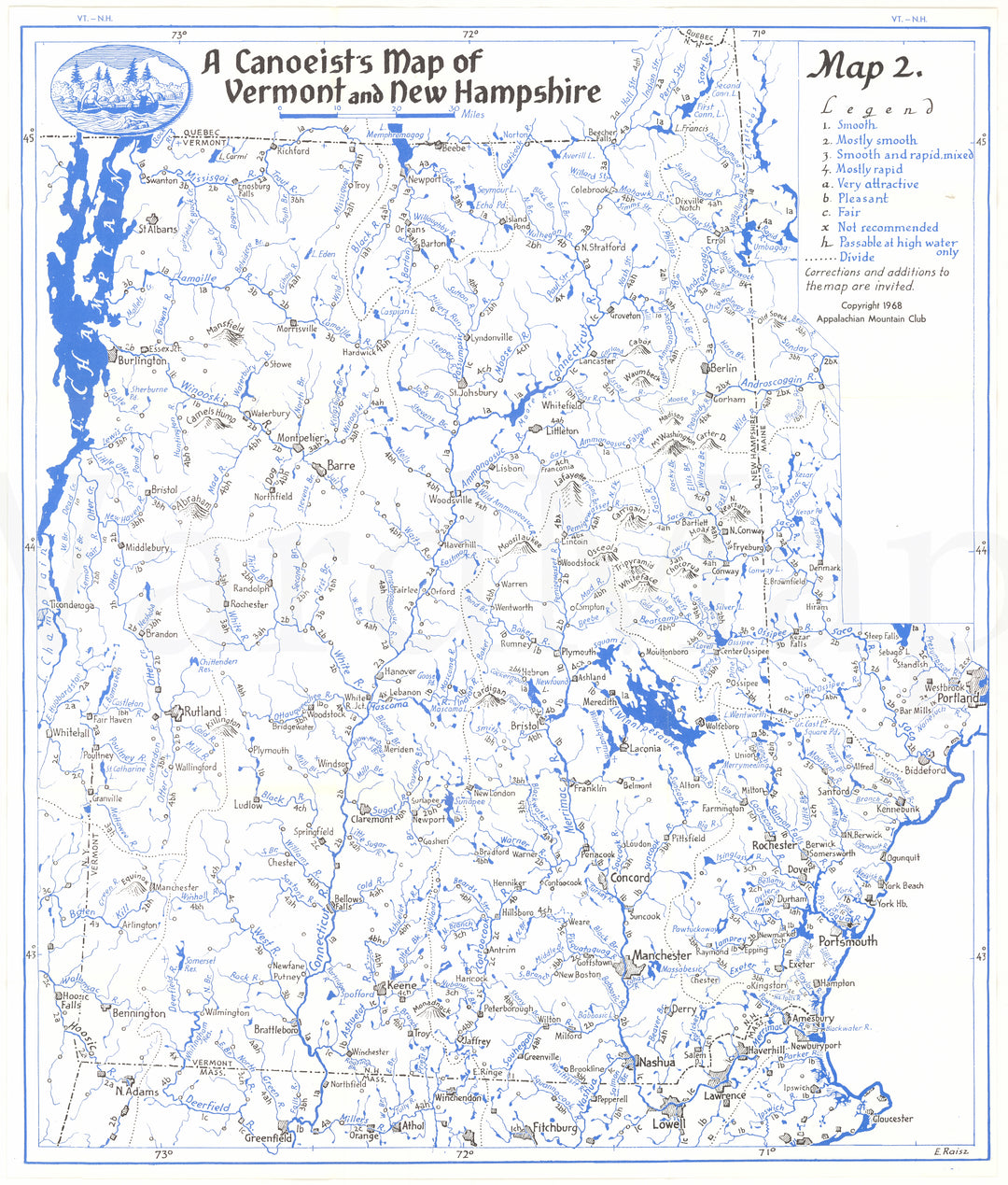 Canoeist's Map of Vermont and New Hampshire 1968