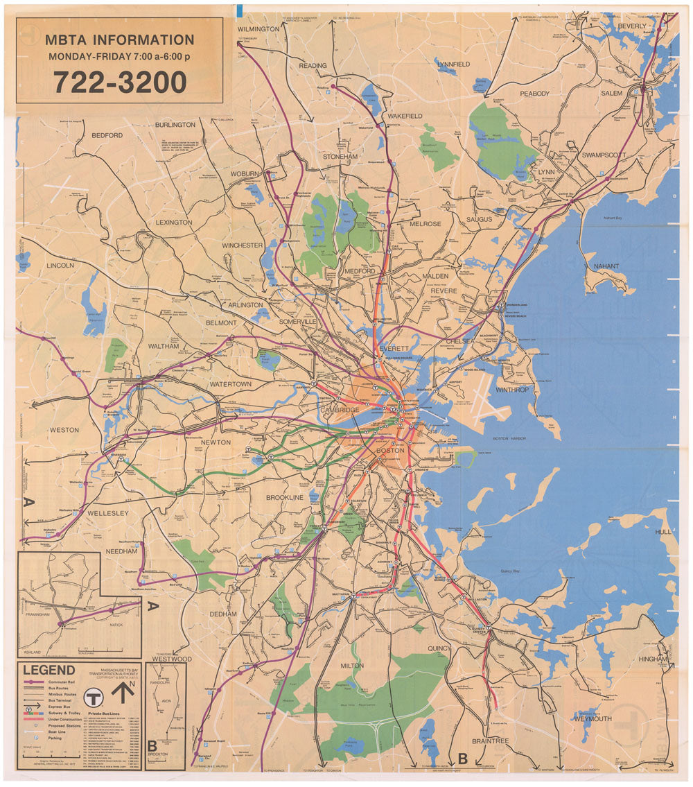 Boston, Massachusetts MBTA System Route Map 1977-1978 (Side A)