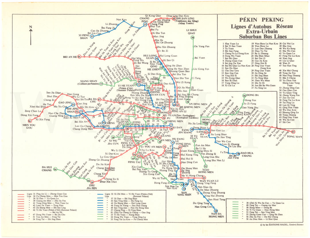 Beijing, China Transit Map: Suburban Bus Lines 1973