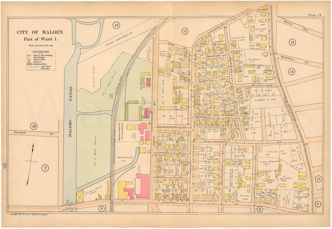 Malden, Massachusetts 1897 Plate 14: Malden Canal, Green Street