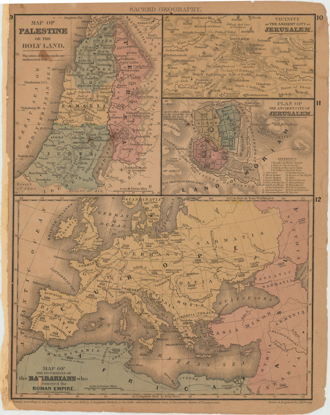 Mitchell's Ancient Atlas 1865: Palestine, Jerusalem, and Barbarians vs. Roman Empire