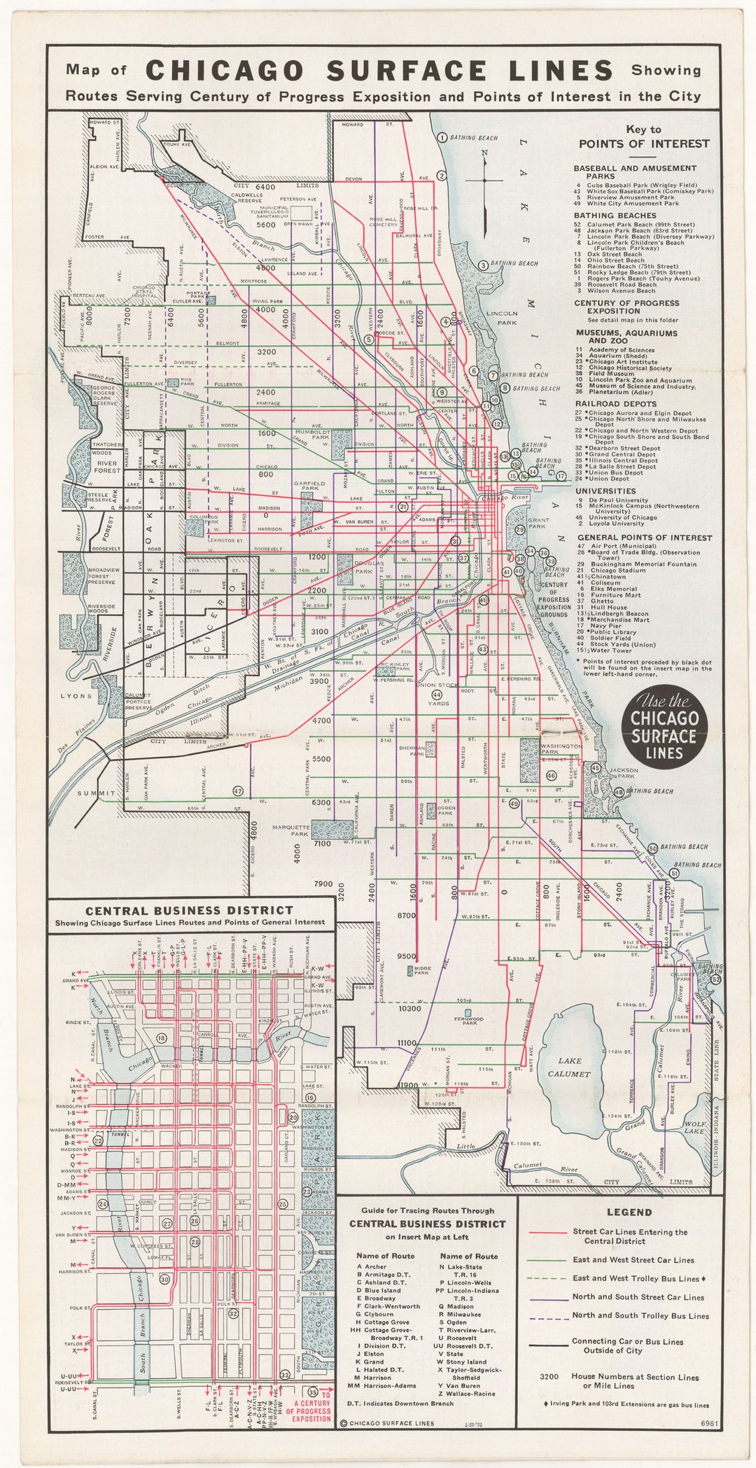 Chicago Surface Lines (Illinois) Transit System Map 1934
