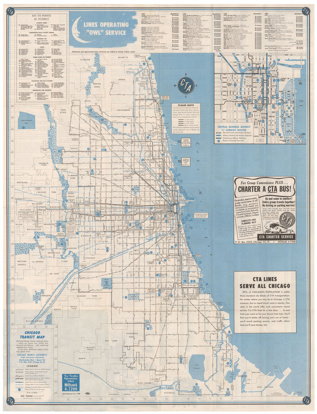 Chicago Transit Authority (Illinois) Transit System Map 1952