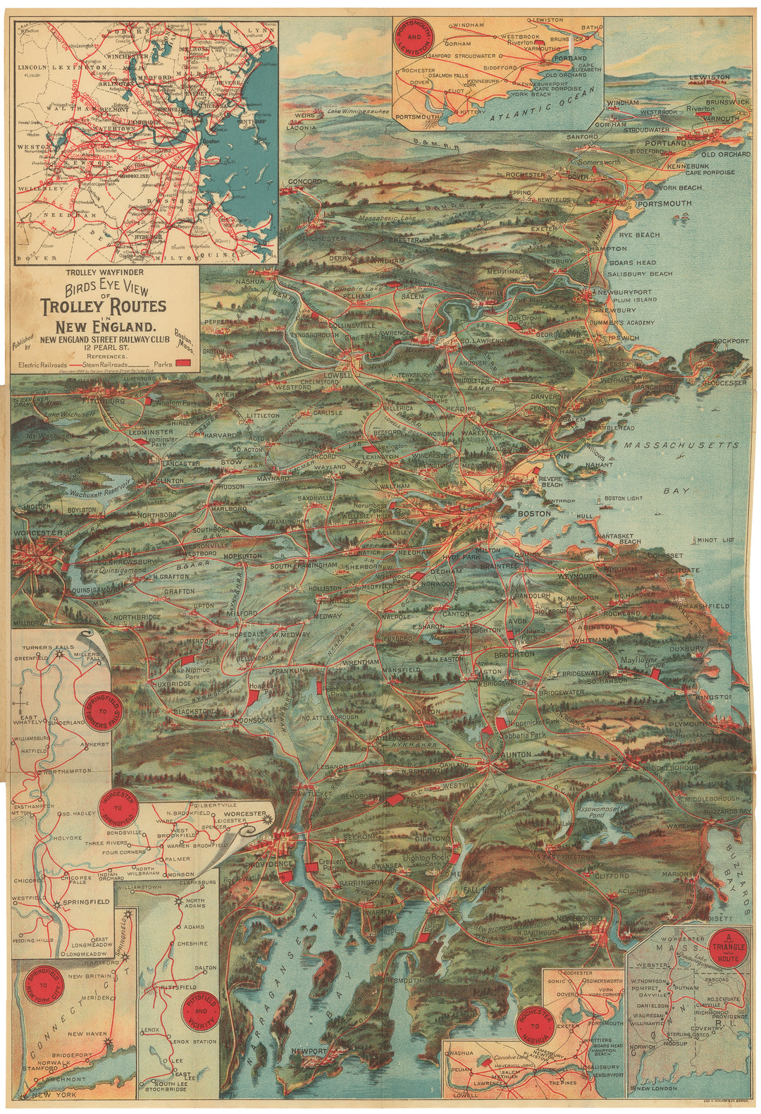 Birds Eye View Of Trolley Routes In New England Incl Massachusetts