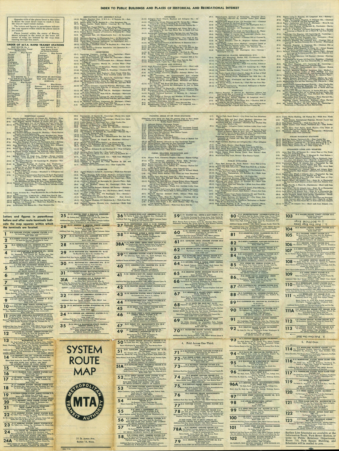 Boston, Massachusetts MTA System Route Map #5 1956