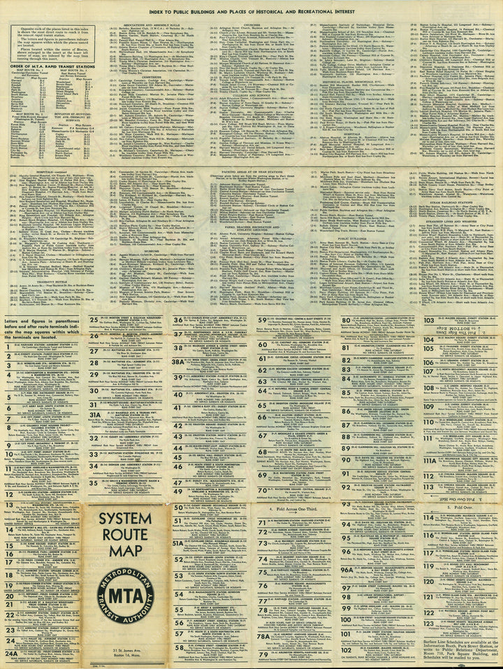 Boston, Massachusetts MTA System Route Map #5 1956
