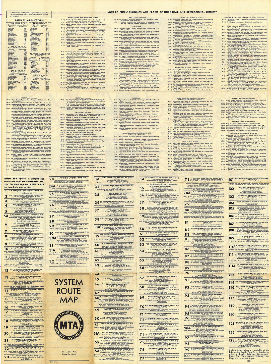 Boston, Massachusetts MTA System Route Map #7 1961