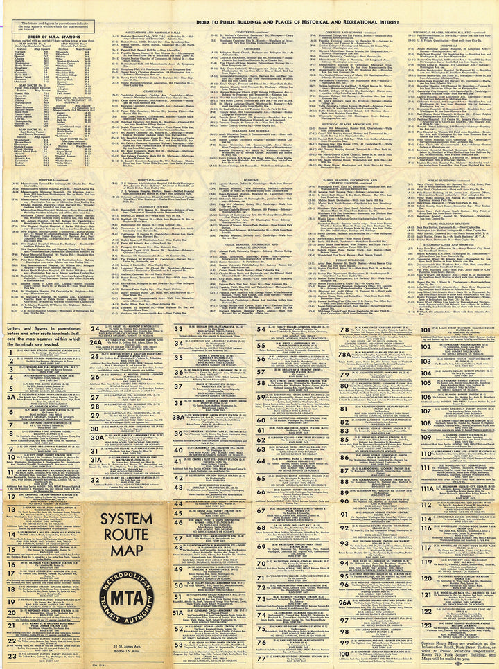 Boston, Massachusetts MTA System Route Map #7 1961