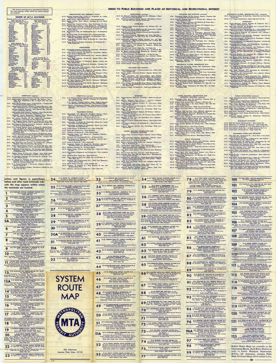 Boston, Massachusetts MTA System Route Map #8 1964