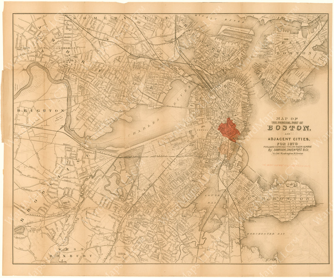 Boston, Massachusetts 1873 with Area of Boston Fire