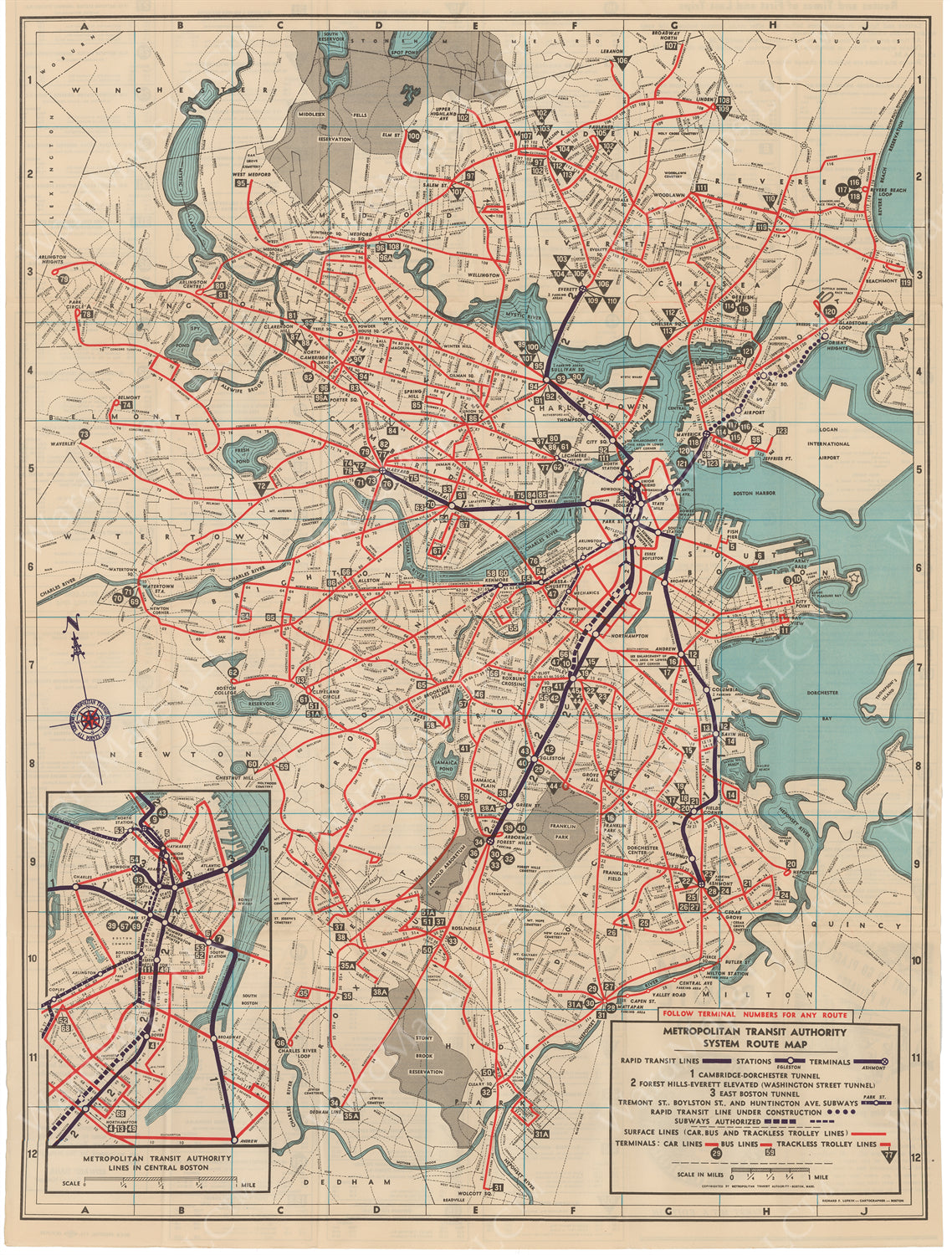 Boston, Massachusetts MTA System Route Map #1 1949