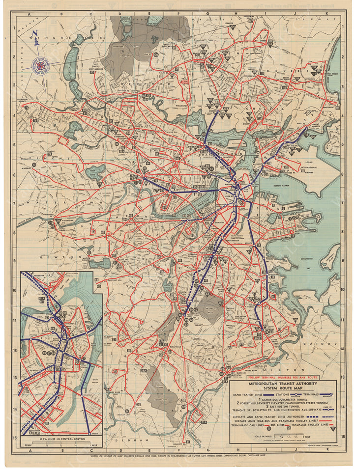 Boston, Massachusetts MTA System Route Map #3 1952