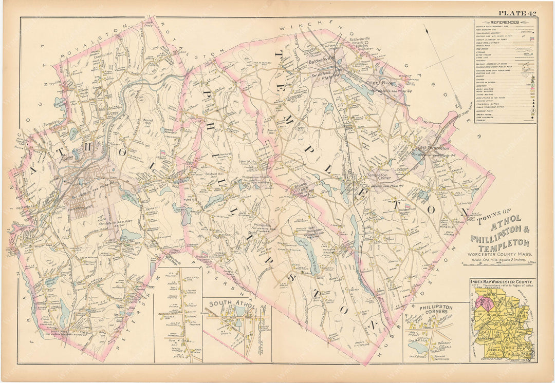 Worcester County, Massachusetts 1898 Plate 042: Athol, Phillipston, and Templeton