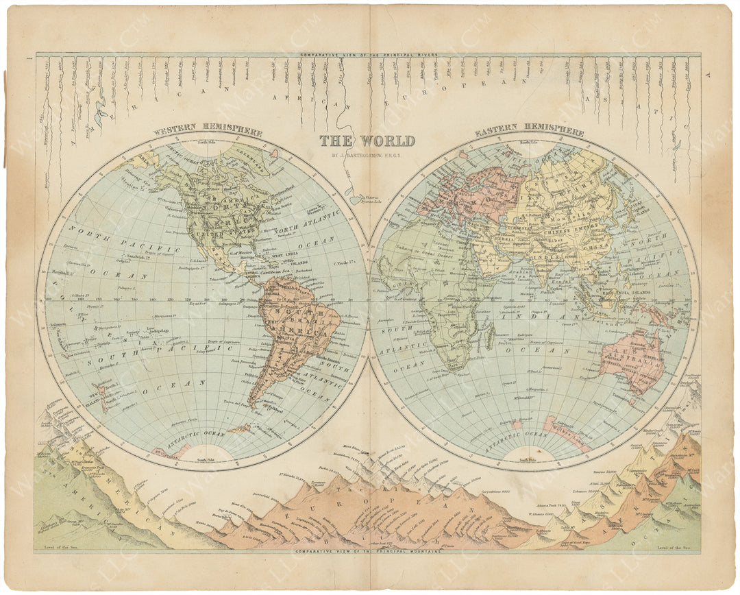 World Hemispheres with Rivers and Mountains 1875