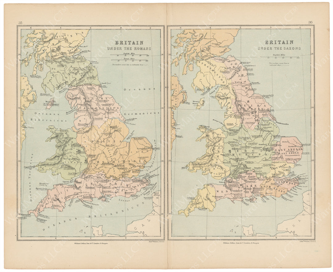 Classical Map 1875: Britain Under the Romans and Saxons