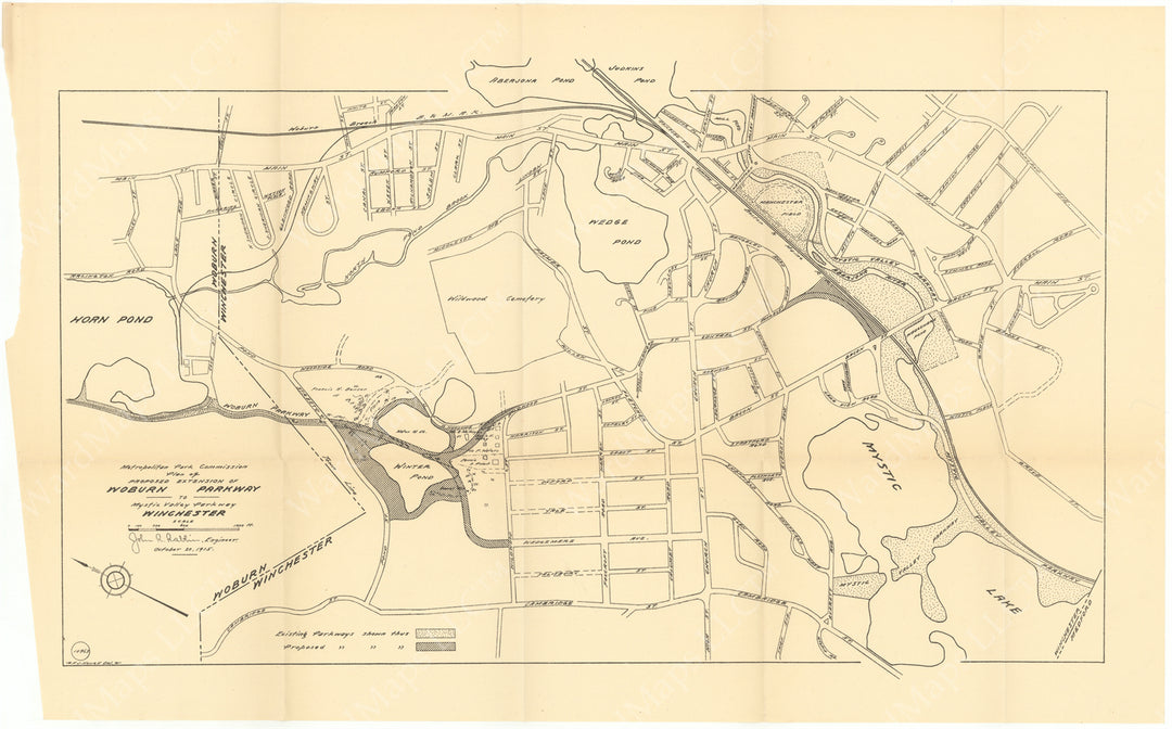 Winchester, Massachusetts 1915: Proposed Extension of Woburn Parkway to Mystic Valley Parkway