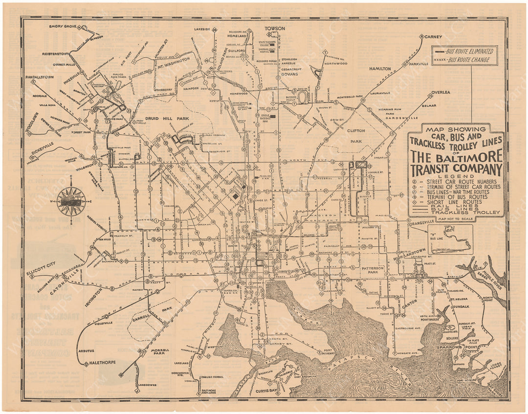 Baltimore Transit Co. (Maryland) System Map 1945