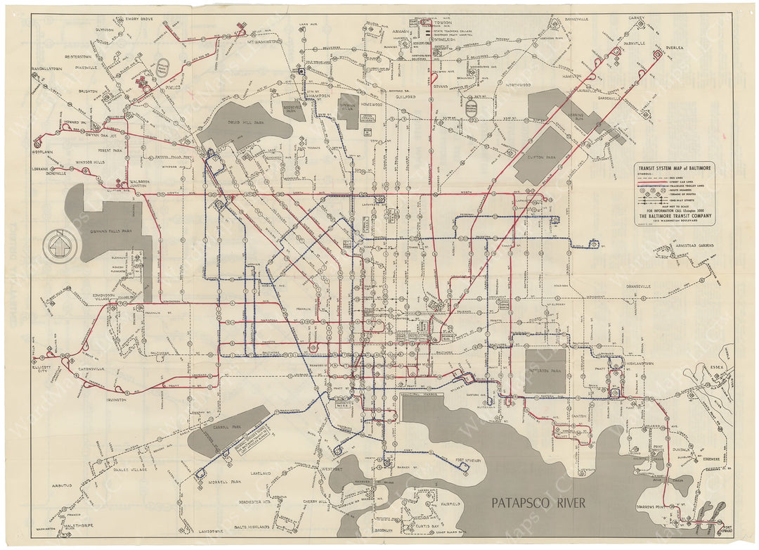 Baltimore (Maryland) Transit System Map 1950