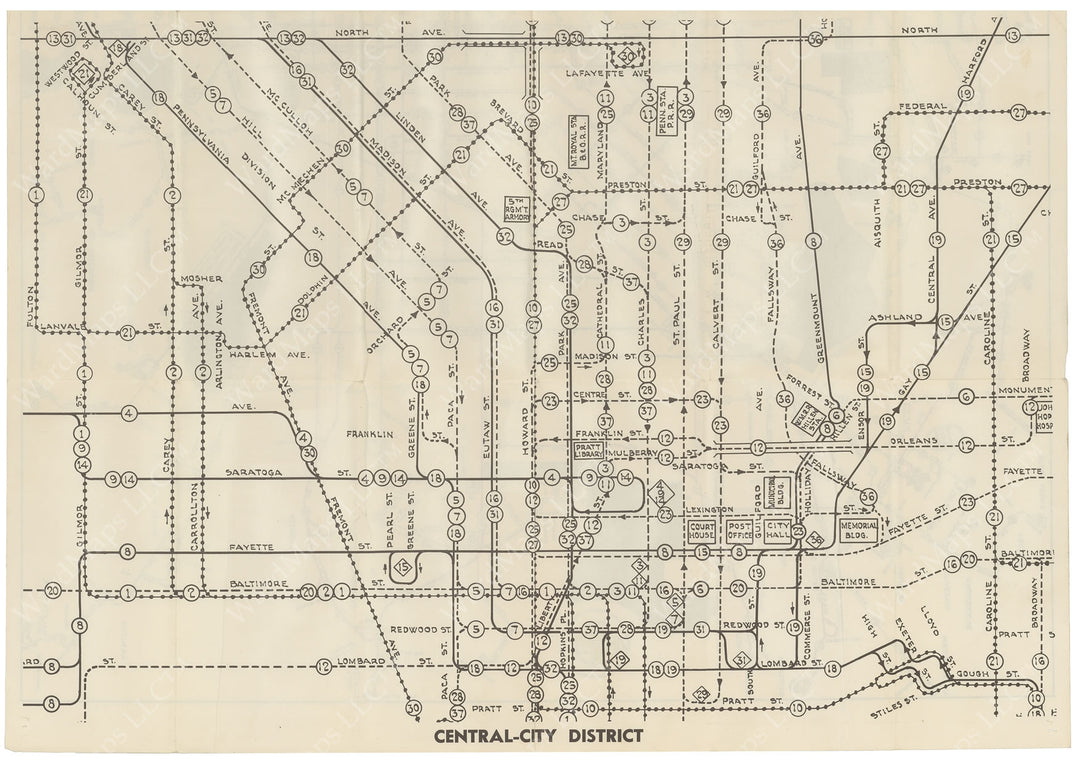 Baltimore (Maryland) Transit System Map 1950: City Center