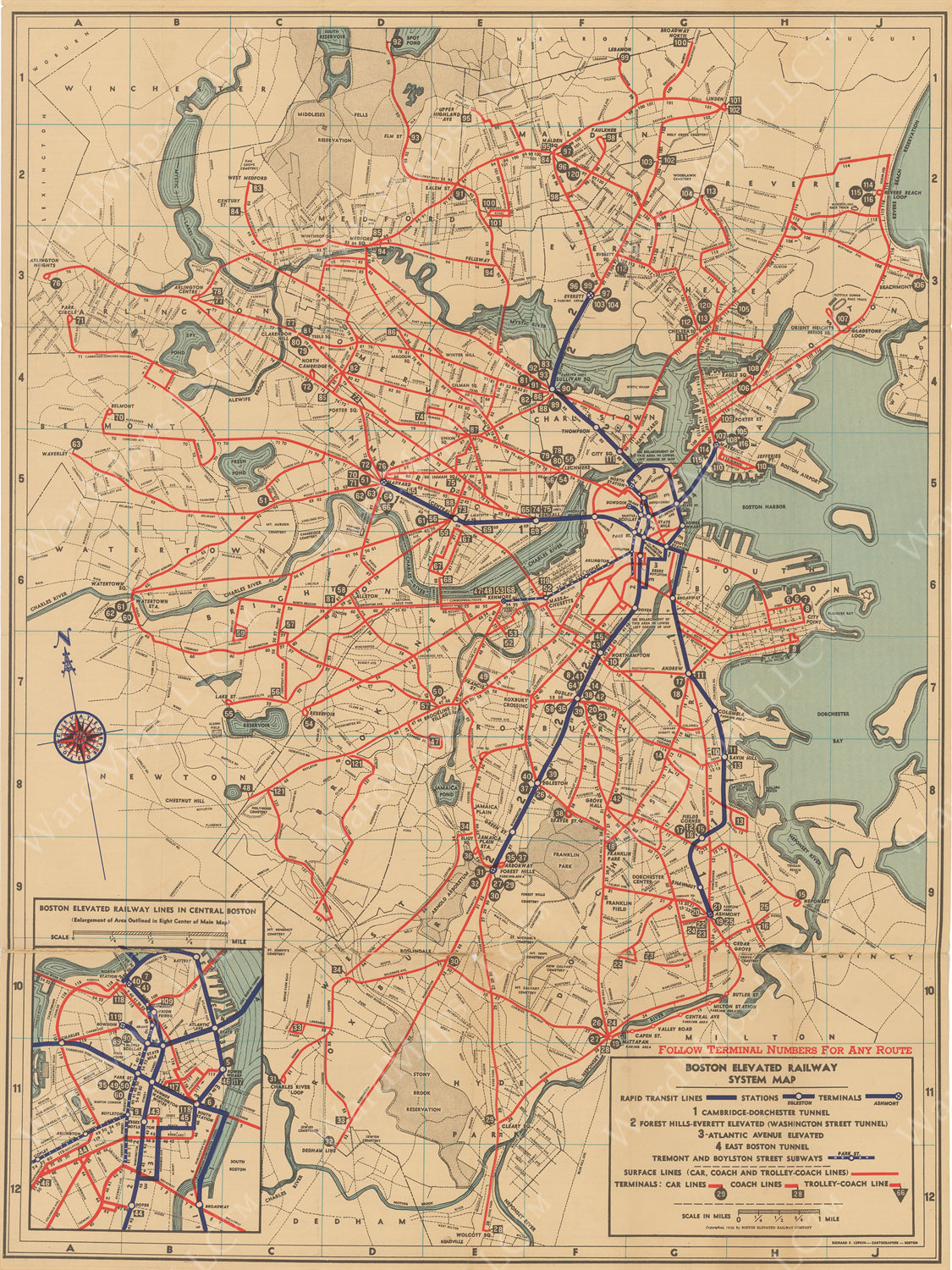 Boston Elevated Railway Co. (Massachusetts) System Route Map #1 1936