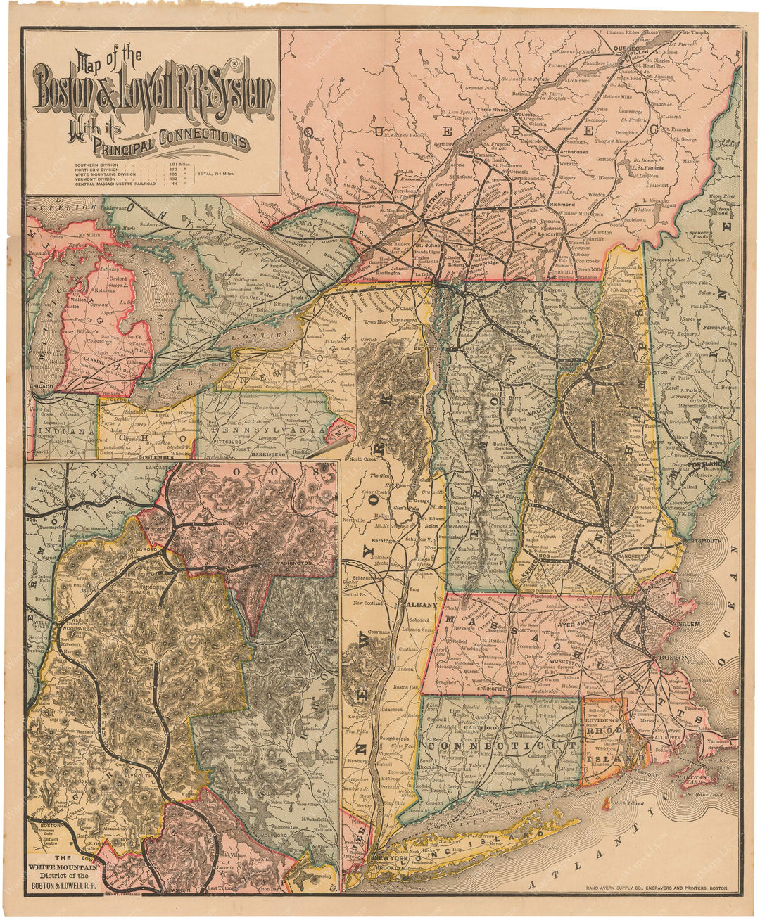 Boston & Lowell Railroad System Map 1886 (New England with Detail of White Mountains Region of New Hampshire)