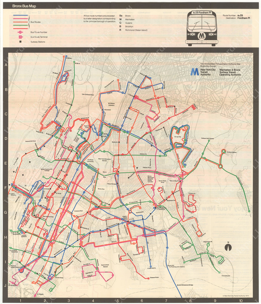Bronx, New York Bus System Map 1974