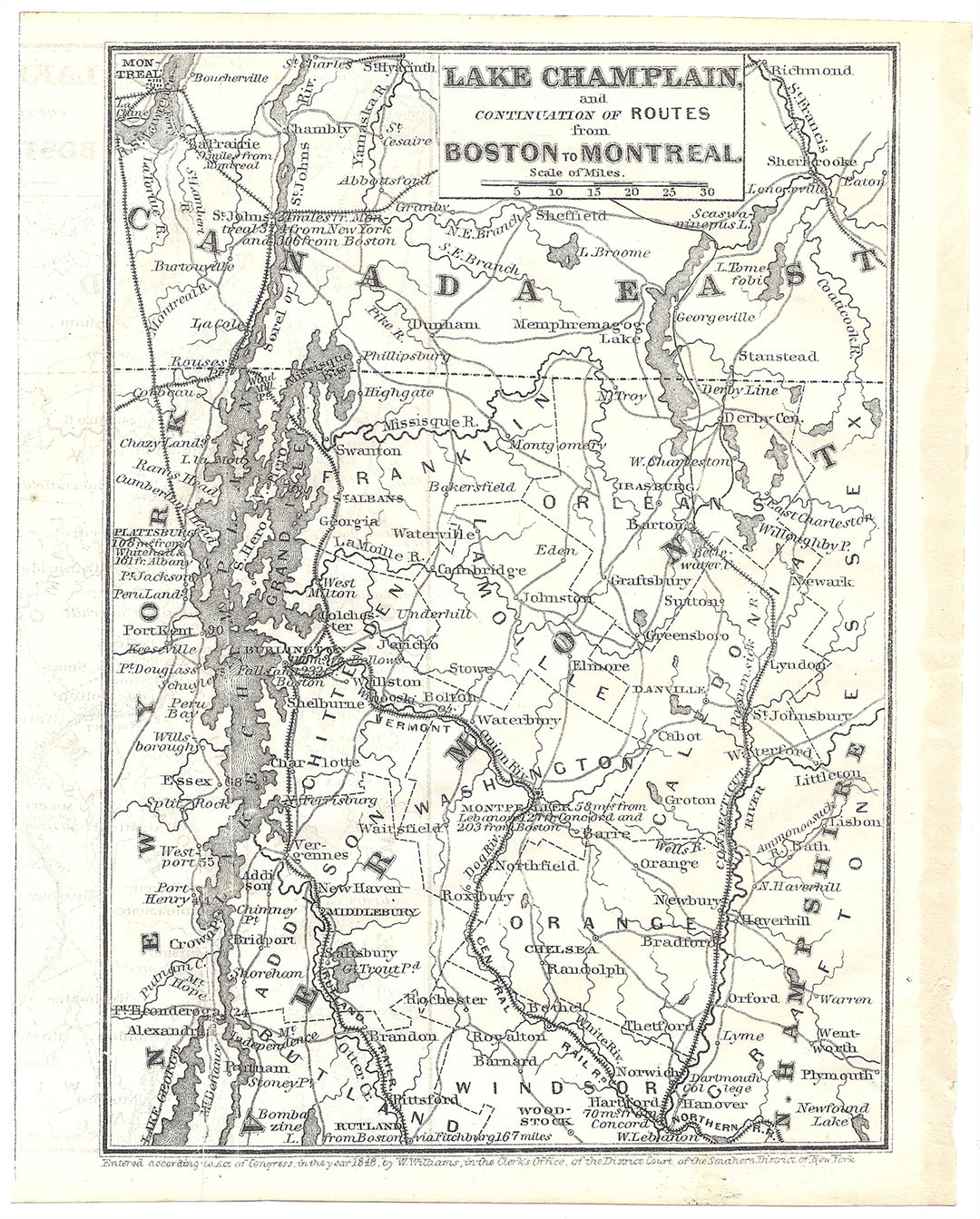 Lake Champlain and Railroad Routes Boston to Montreal 1848