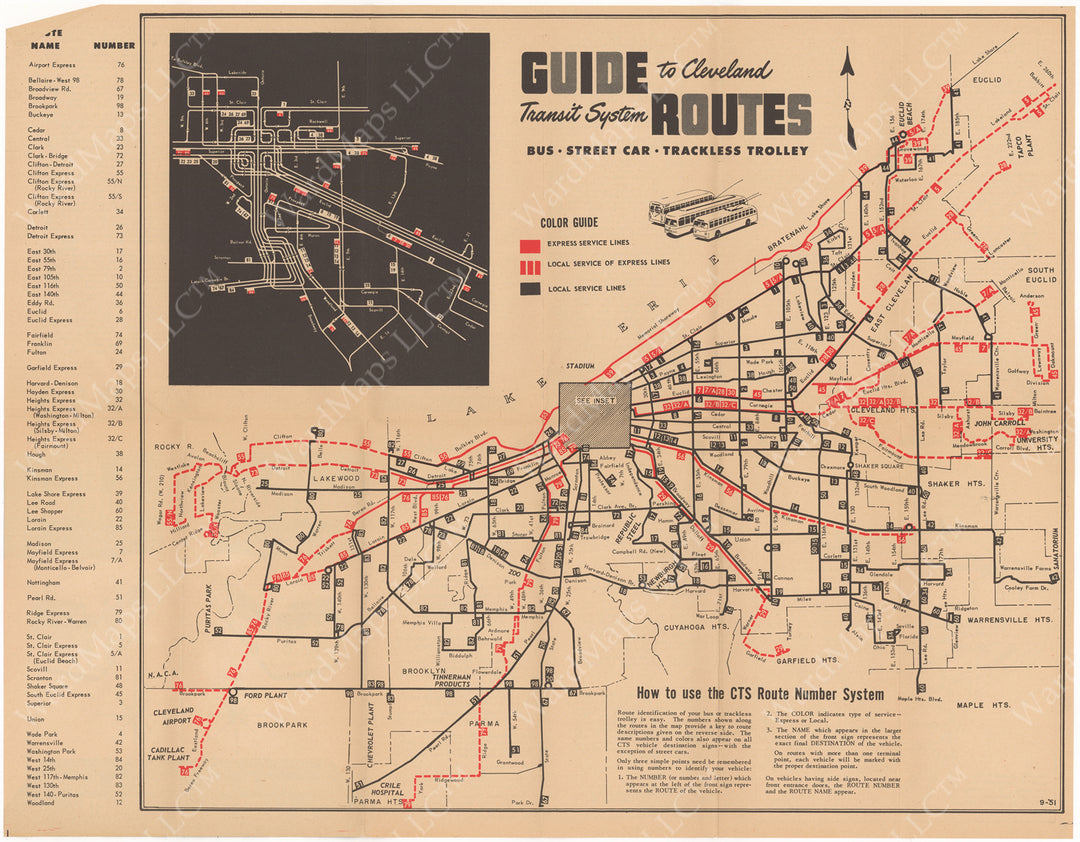 Cleveland Transit System (Ohio) Map 1951