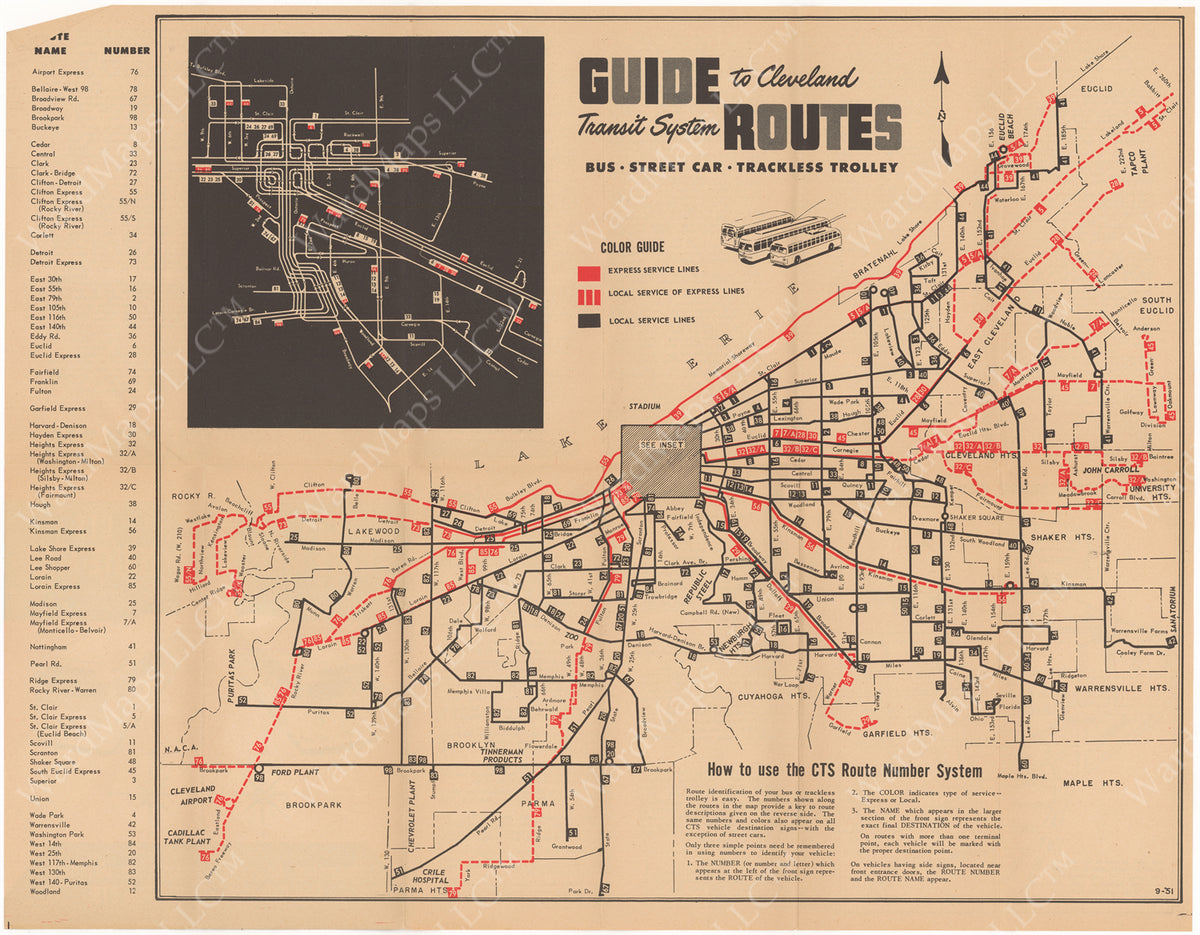 Cleveland Transit System (Ohio) Map 1951 – WardMaps LLC