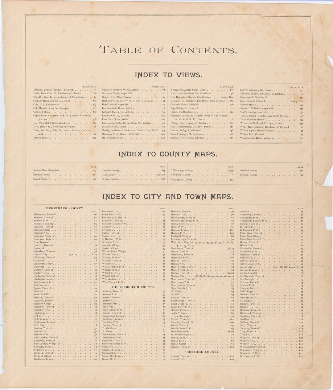 New Hampshire 1892 Table of Contents