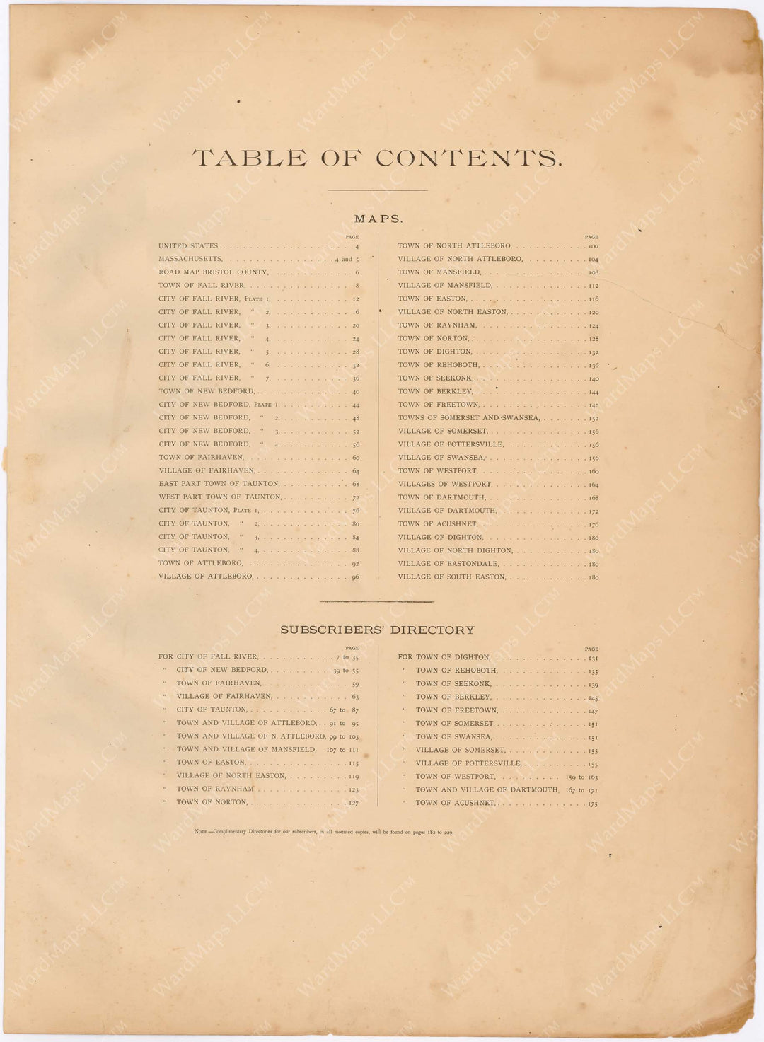 Bristol County, Massachusetts 1895 Table of Contents