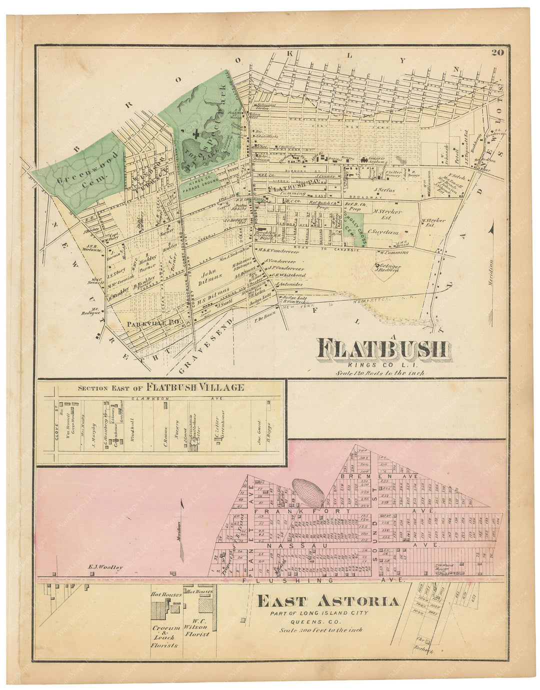 Flatbush; Long Island City: E. Astoria, New York 1873