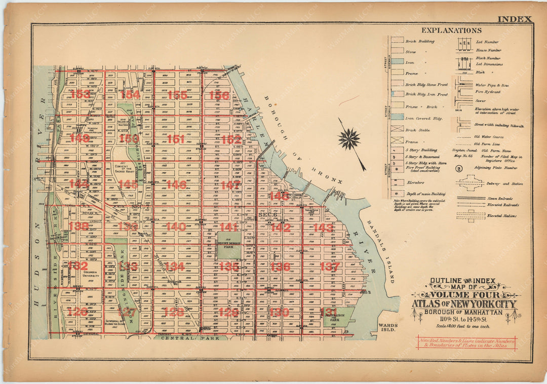 1925 Map Manhattan, New York 1925 (Vol. 4) Index Map: 110th St to 145th St ...