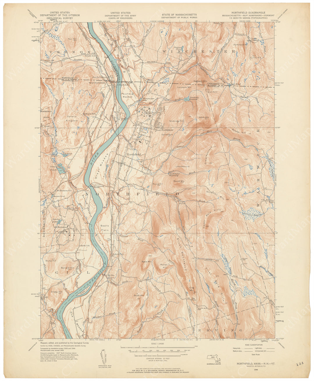 USGS Massachusetts and Vermont: Northfield Sheet 1945