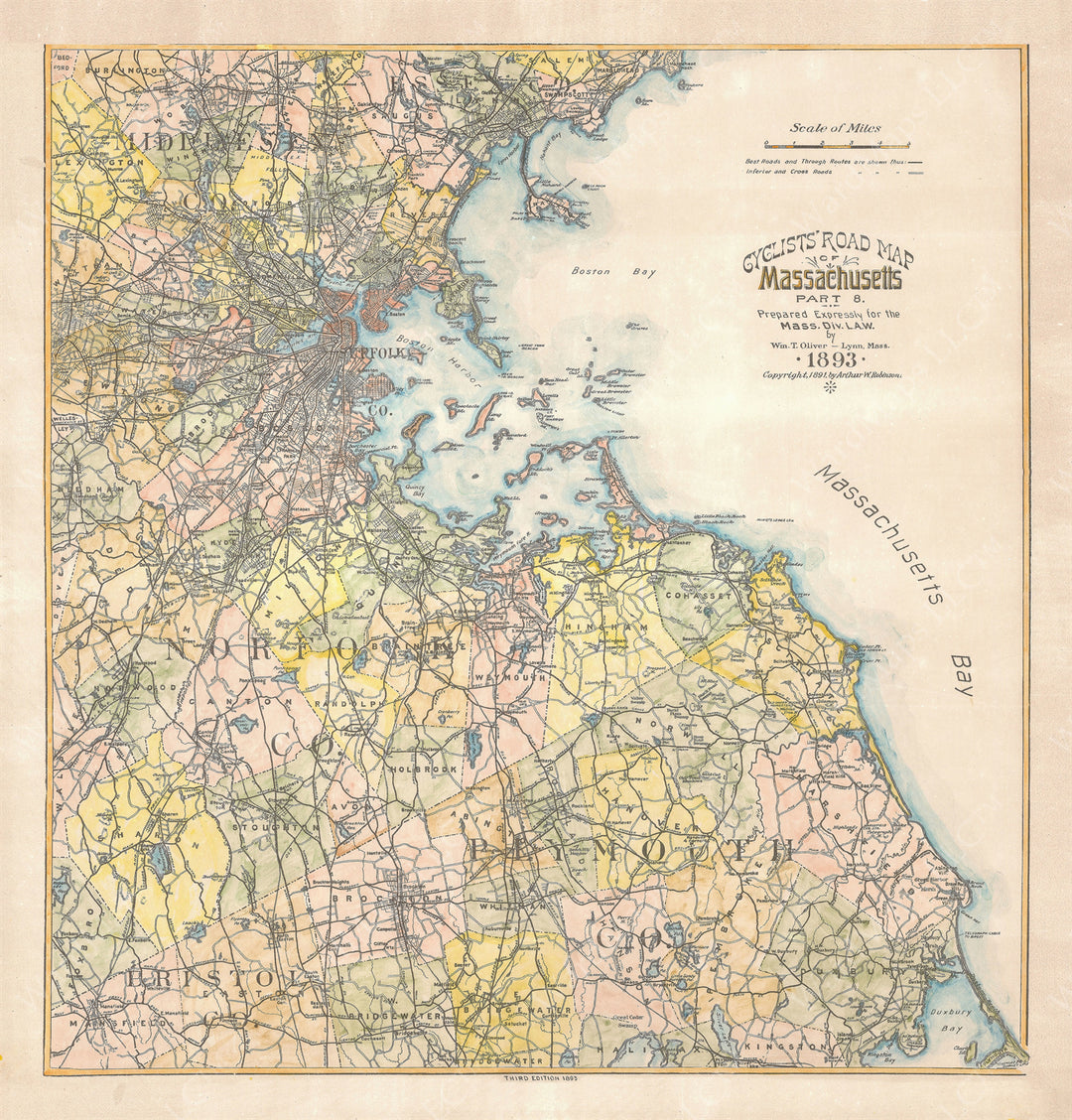 Cyclists' Road Map of Massachusetts 1893 Part 08: Greater Boston and Plymouth County