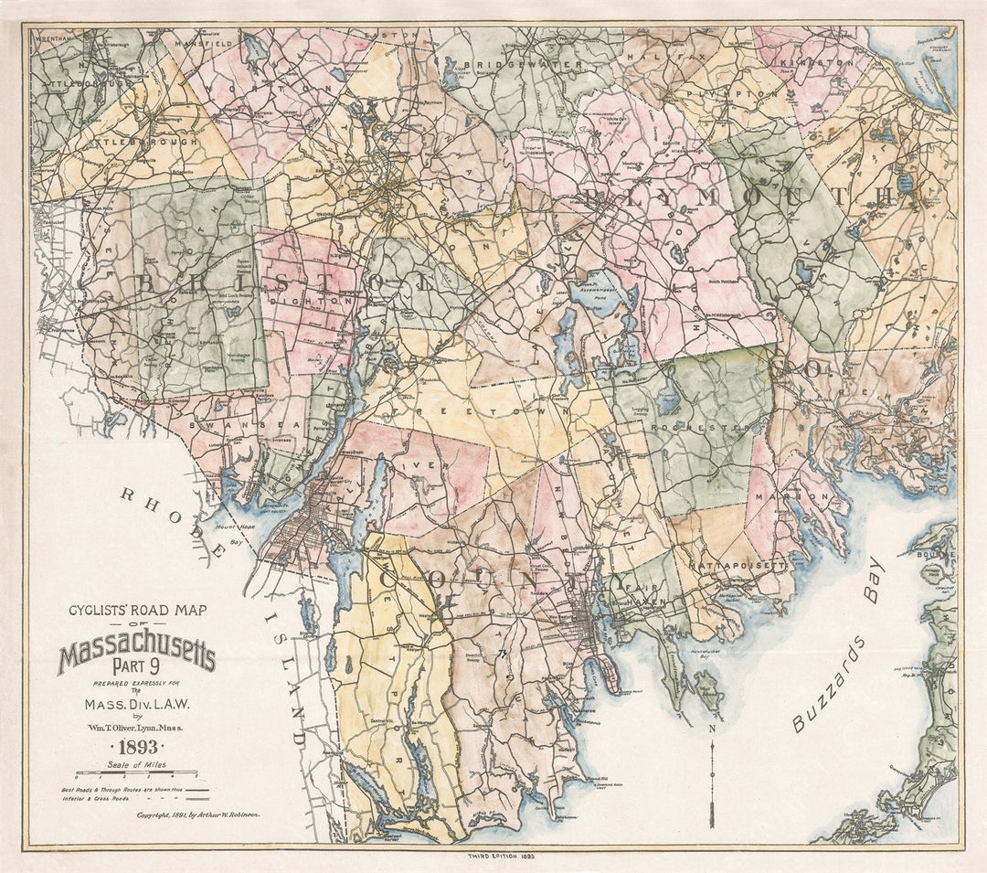 Cyclists' Road Map of Massachusetts 1893 Part 09: Bristol County and Plymouth County (color)