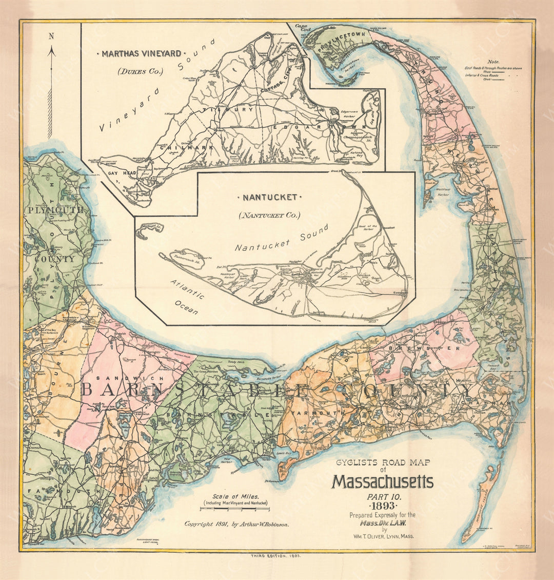 Cyclists' Road Map of Massachusetts 1893 Part 10: Cape Coad, Martha's Vineyard, and Nantucket