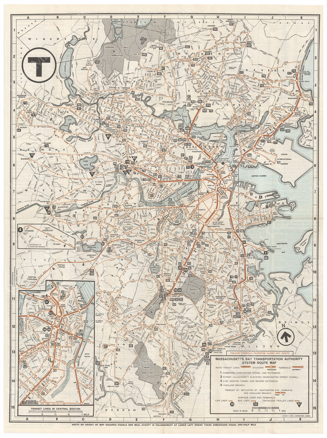 Boston, Massachusetts MBTA System Route Map 1965