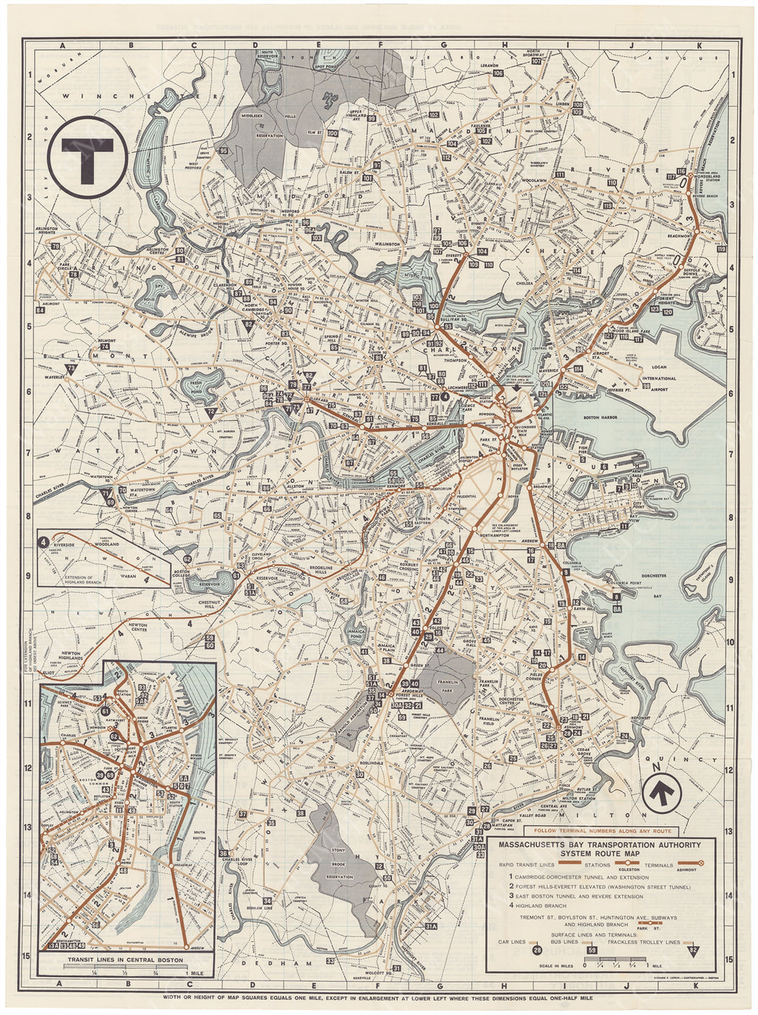 Boston, Massachusetts MBTA System Route Map 1966