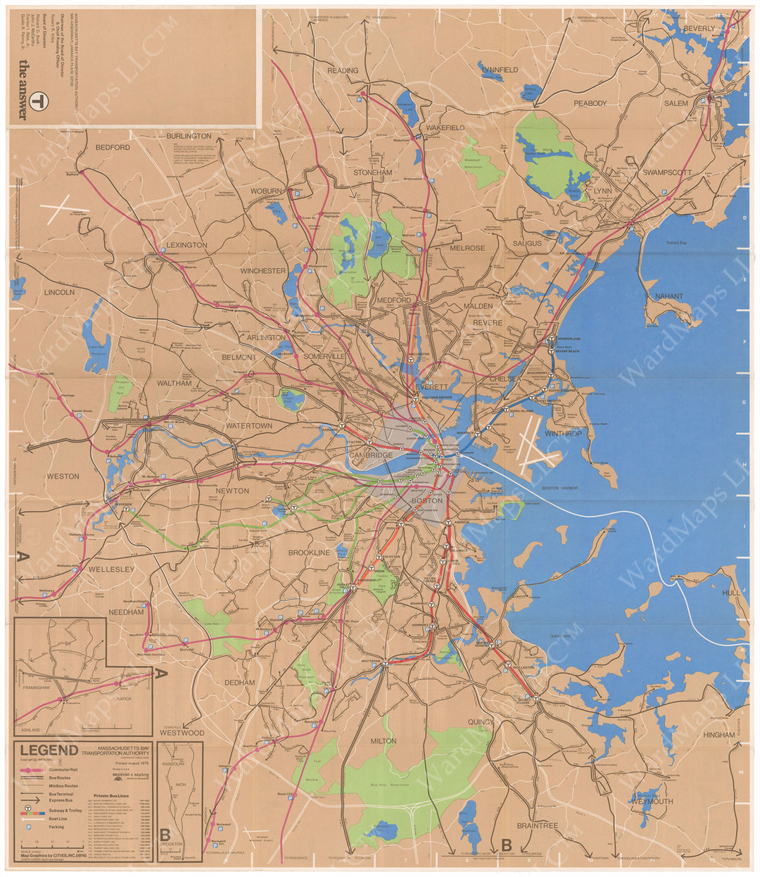 Boston, Massachusetts MBTA System Route Map 1975 (Side A)