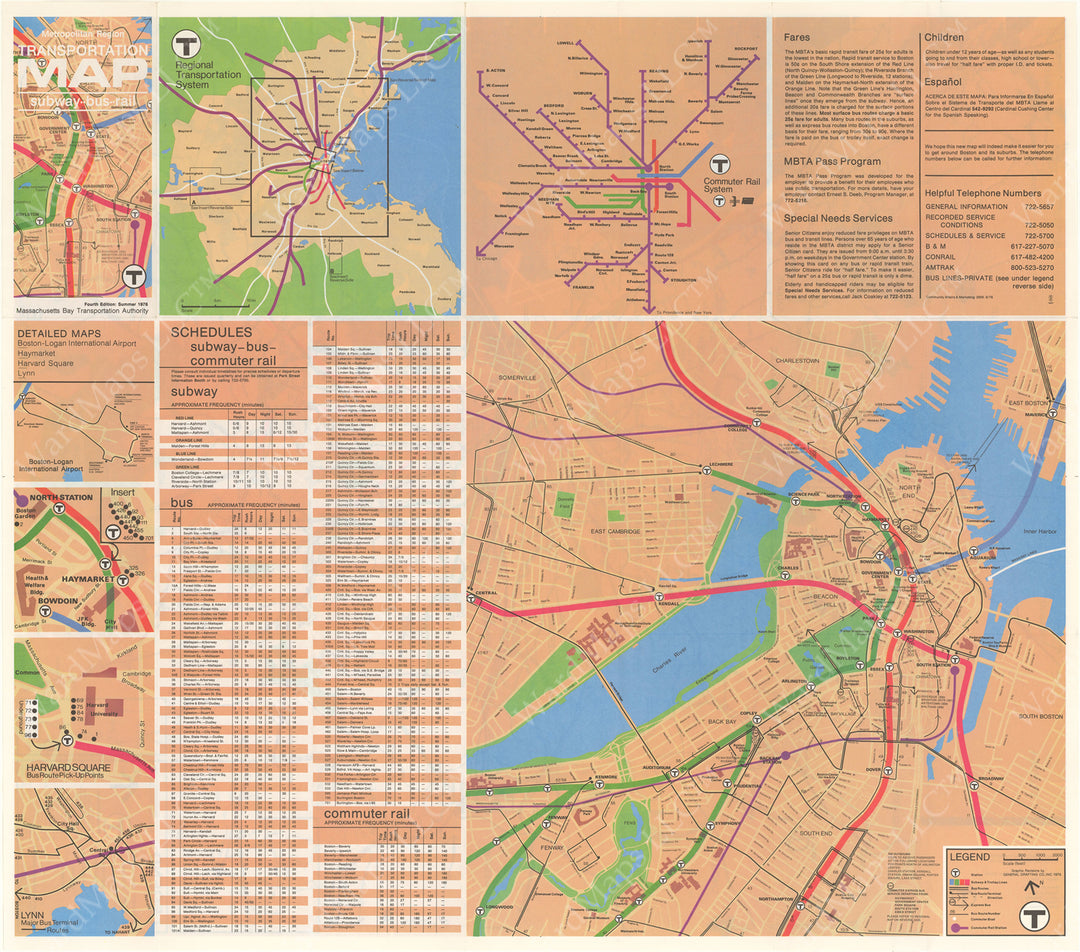 Boston, Massachusetts MBTA System Route Map 1976 Summer (Side B)