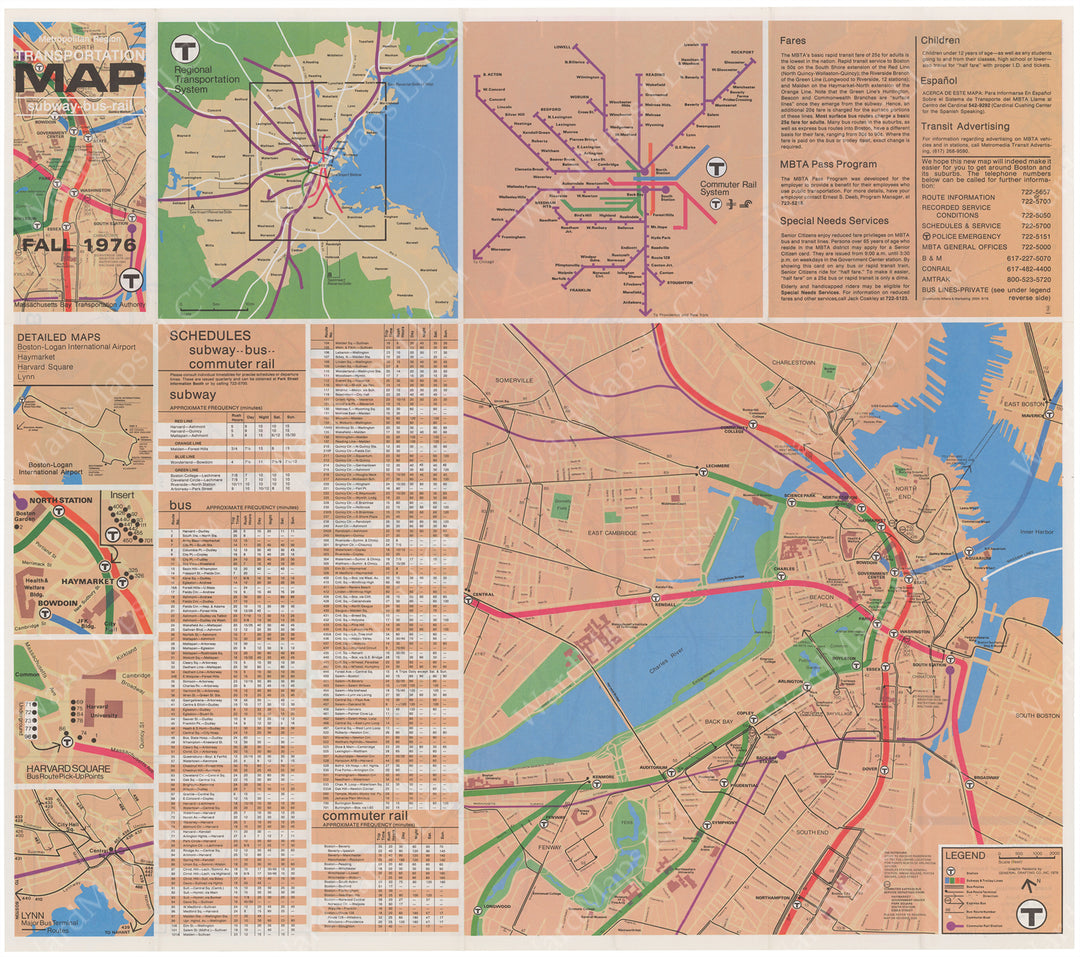 Boston, Massachusetts MBTA System Route Map 1976 Fall (Side B)