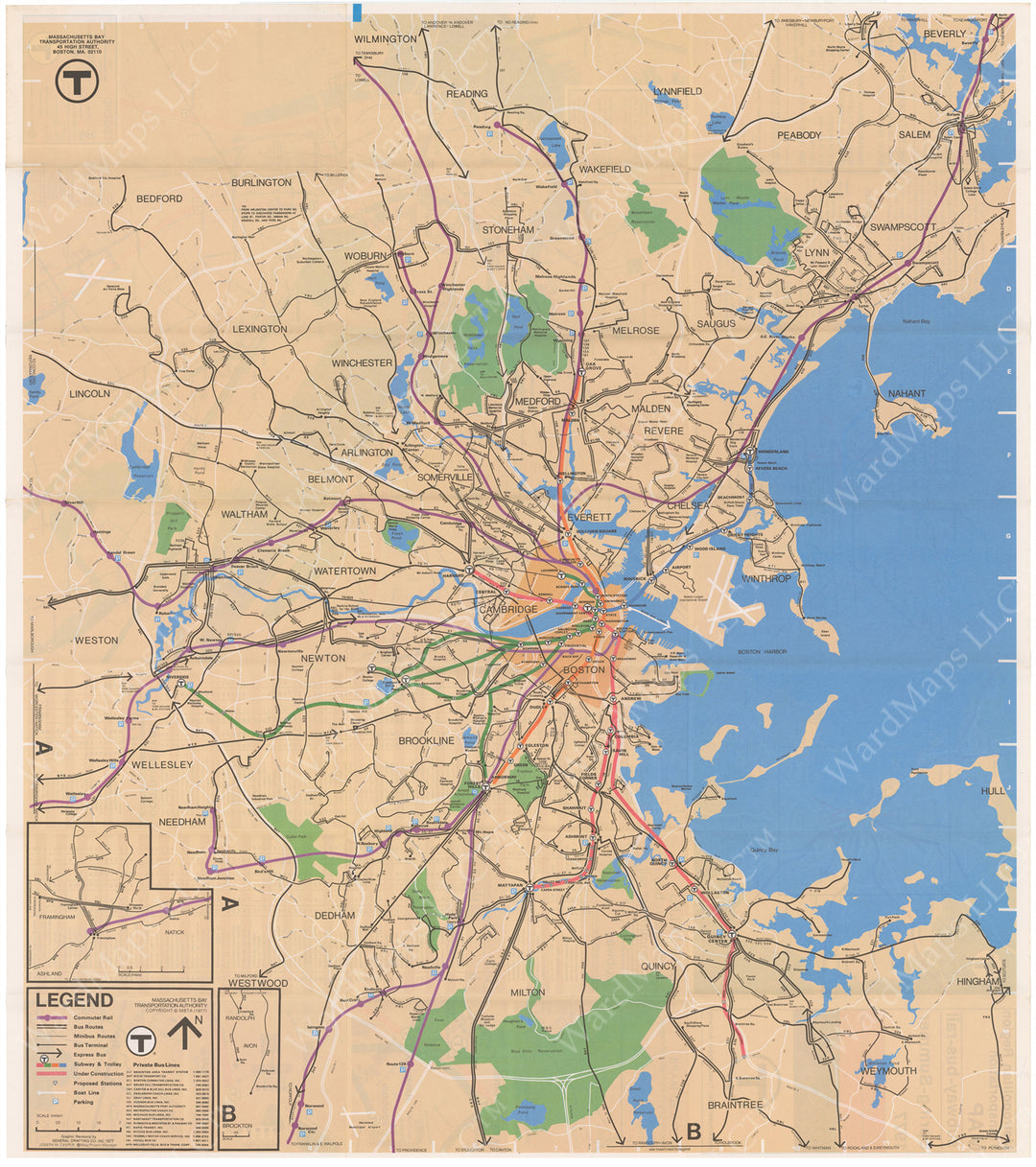 Boston, Massachusetts MBTA System Route Map 1977 Spring-Summer