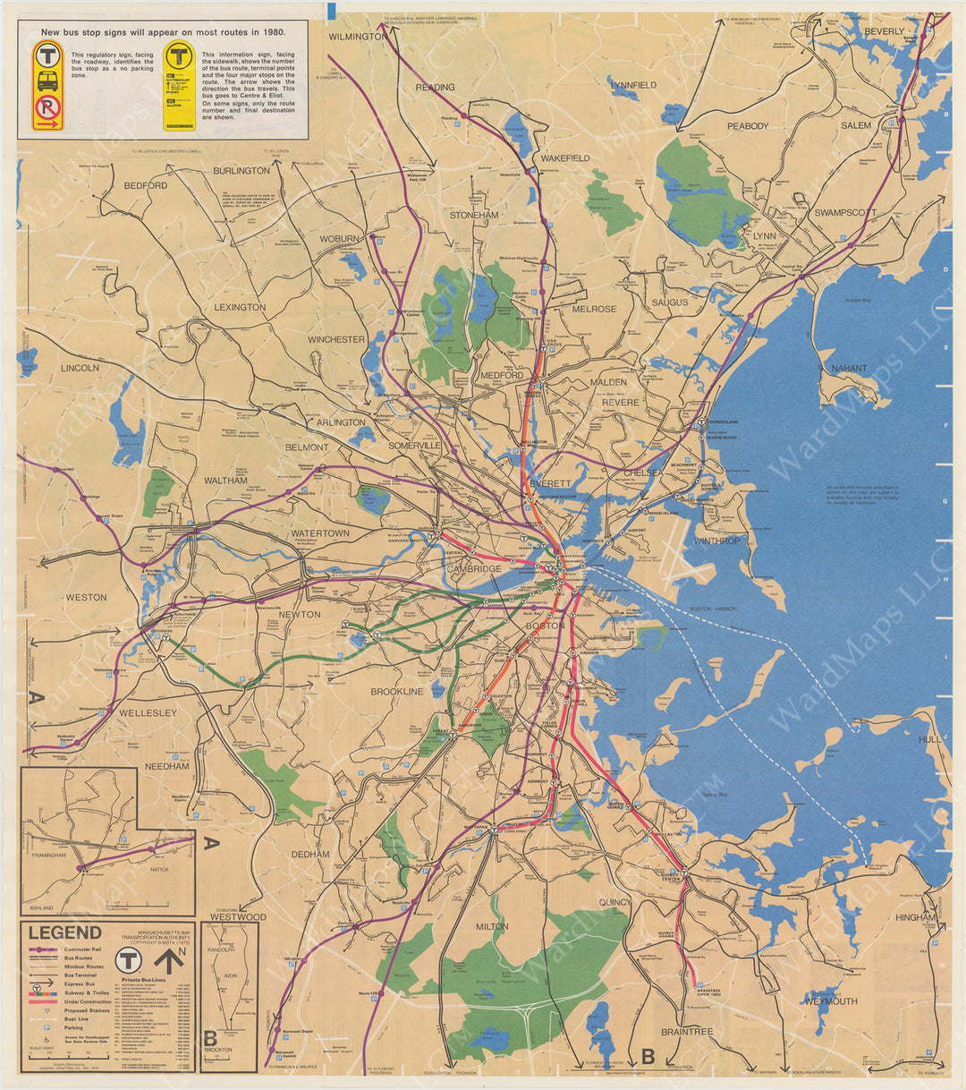 Boston, Massachusetts MBTA System Route Map 1980 (Side A)