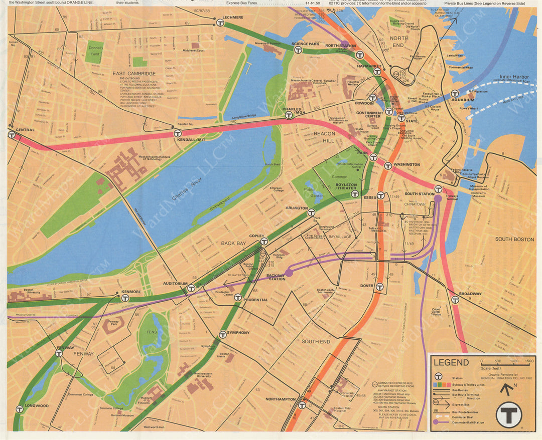 Boston, Massachusetts MBTA System Route Map 1982 (Side B Crop)